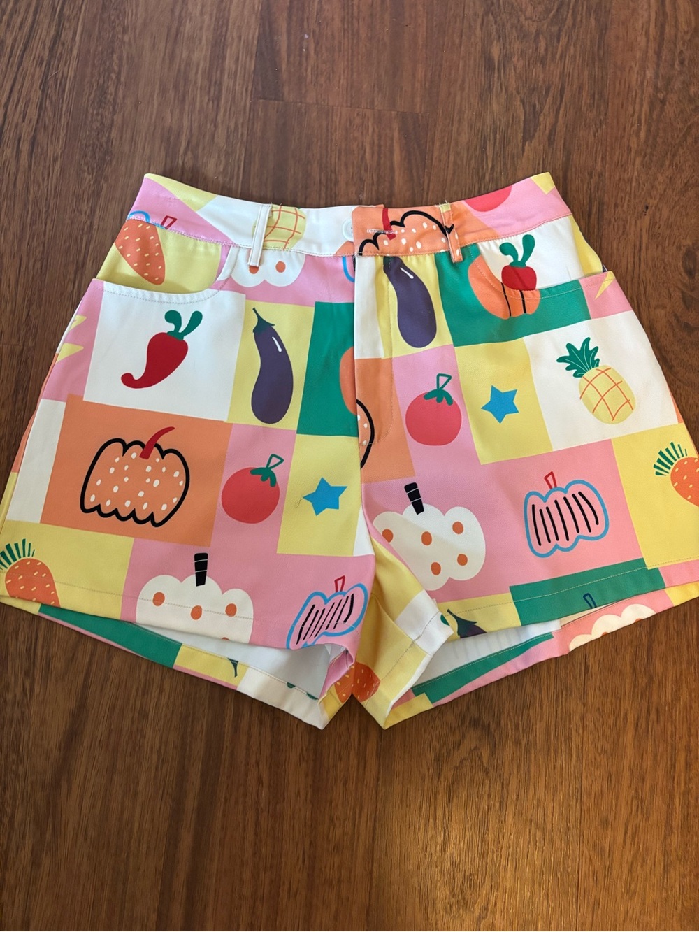 Eclectic Colorful Fruit & Veggie Print High-Waist Shorts